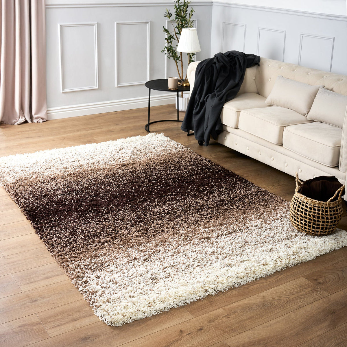 Blended Thick Shaggy Fluffy Deep Pile Living Room Rug | 60cm x 110cm | Brown