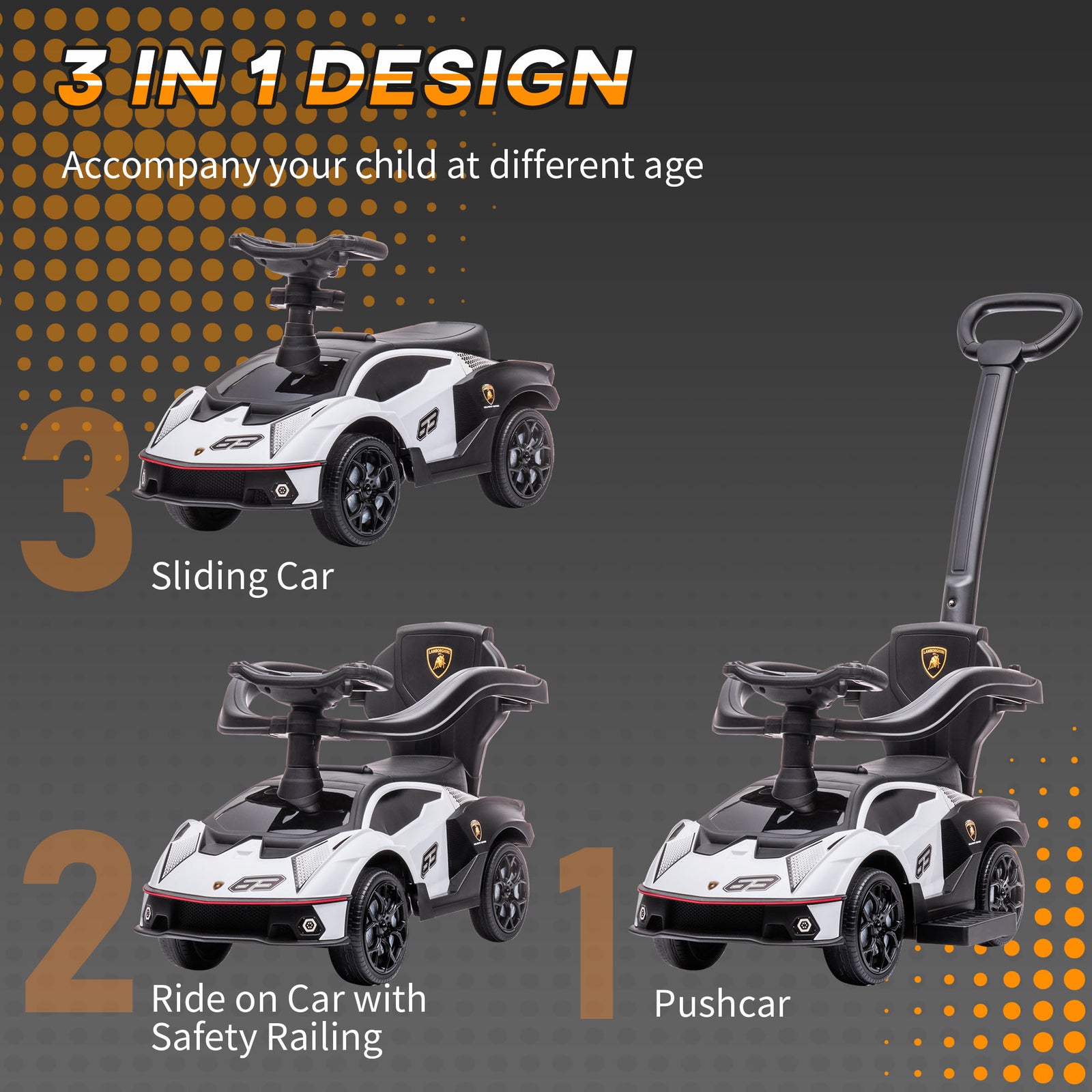 Lamborghini 2 In 1 Baby Ride On Push Car Toddler Push Along Car | White