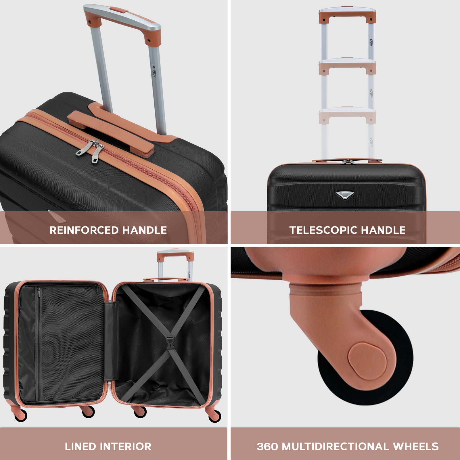 56x45x25cm Large Cabin Carry On Case - Overhead Luggage Suitcase - 4 Spinner Wheels - Abs Shell | 56 x 45 x 25cm | Black & Brown