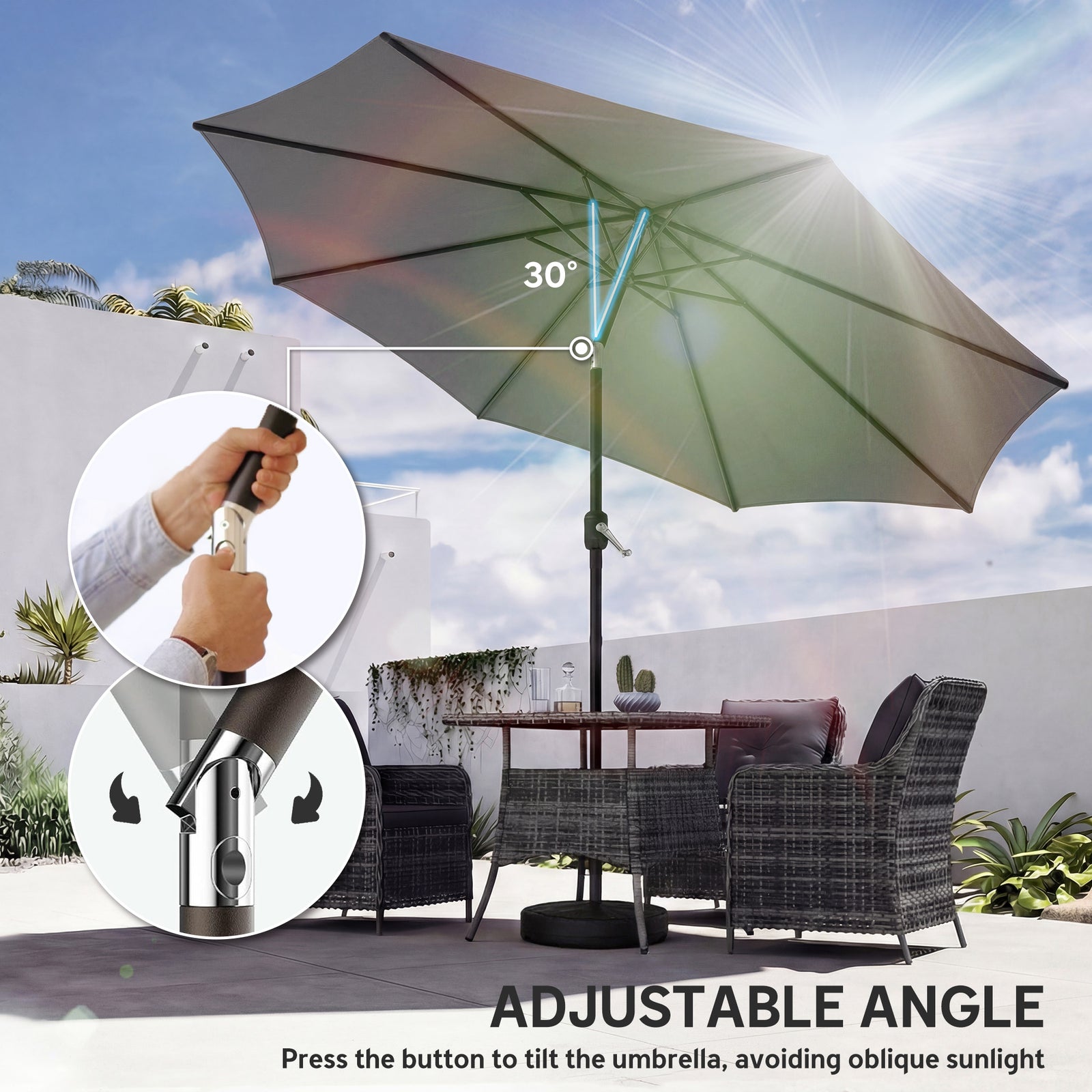 2.7 M Garden Parasol Umbrella With Cross Base, Sandbag | Light Grey