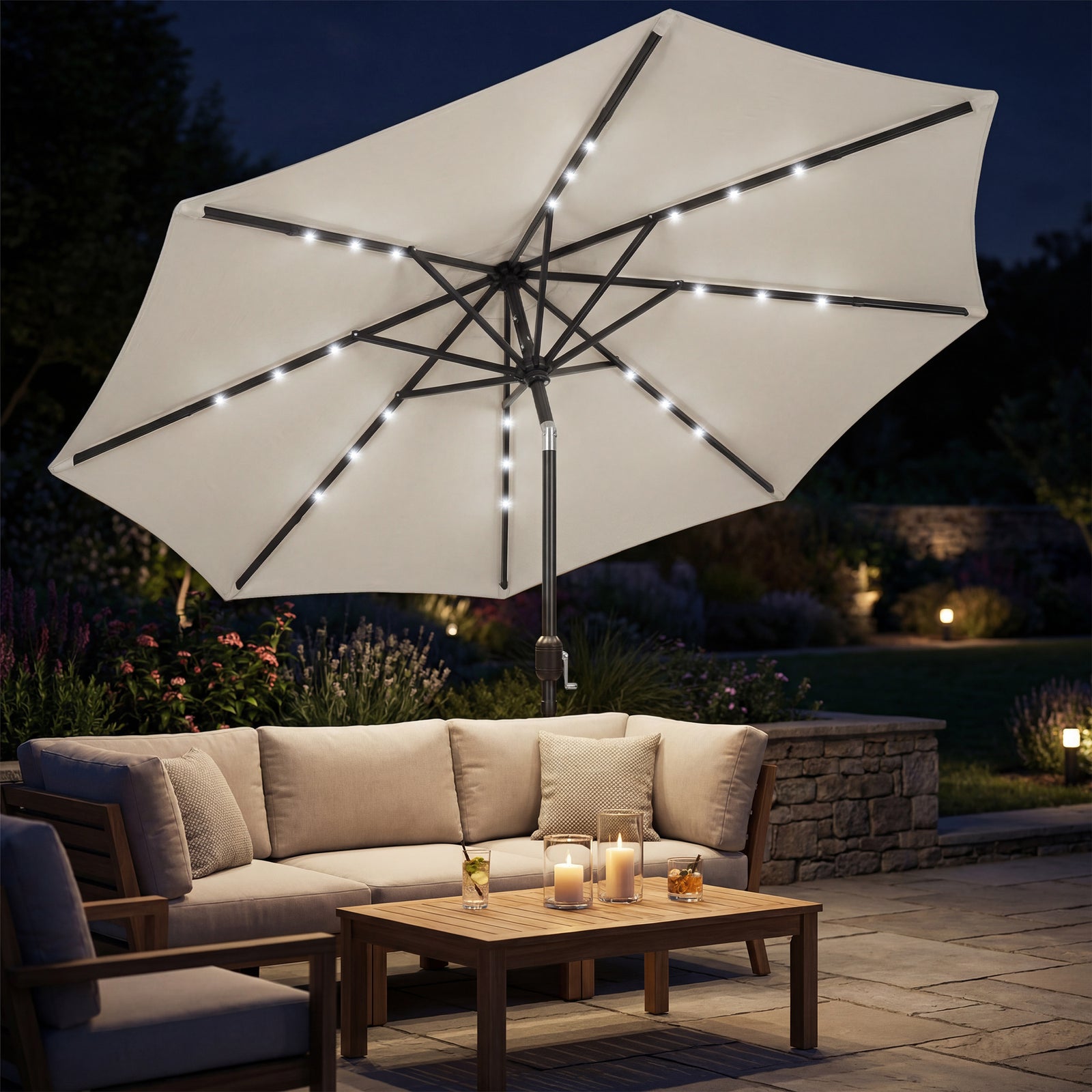 2.6 M Garden Parasol Umbrella With Light, Outdoor Patio Umbrella | Light Grey