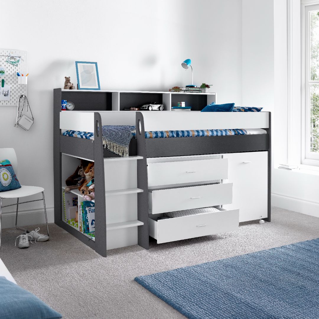 Ersa Mid Sleeper Bed With Desk With Orthopaedic Mattress | Single | Grey