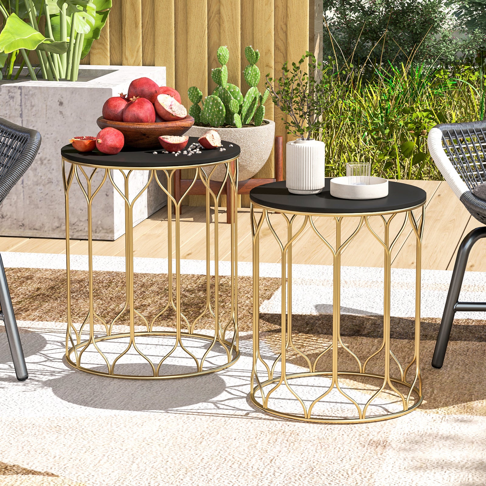 Nesting Small Garden Table Set Of 2 W/ Marble Effect Top | Black