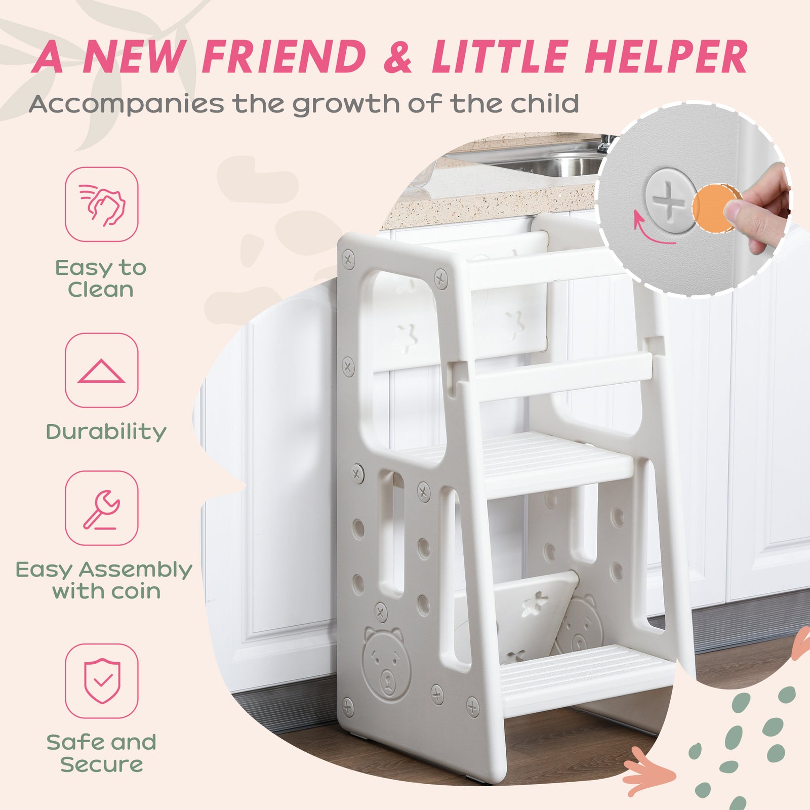 Step Stool, Adjustable Standing Platform, Toddler Kitchen Stool | White