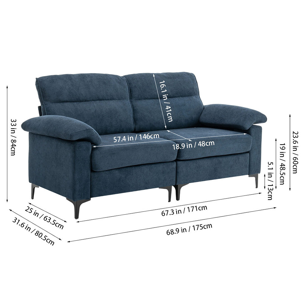 Minimalist Chenille Fabric Two-seat Sofa With Wooden Frame & Black Metal Legs | Blue