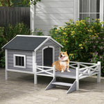 Wooden Dog House W/ Porch, Water-resistant Roof, For S M Dogs, Grey
