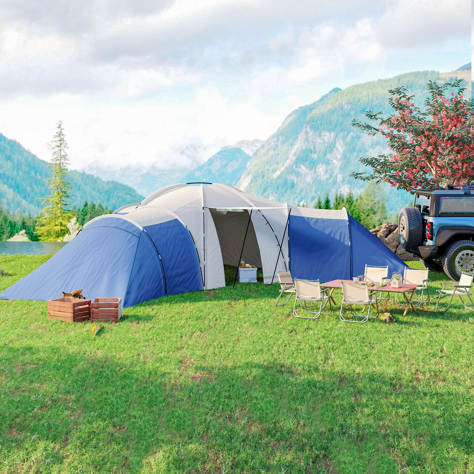 6-9 Man Tunnel Tent, 2000mm Waterproof, 3 Bedroom