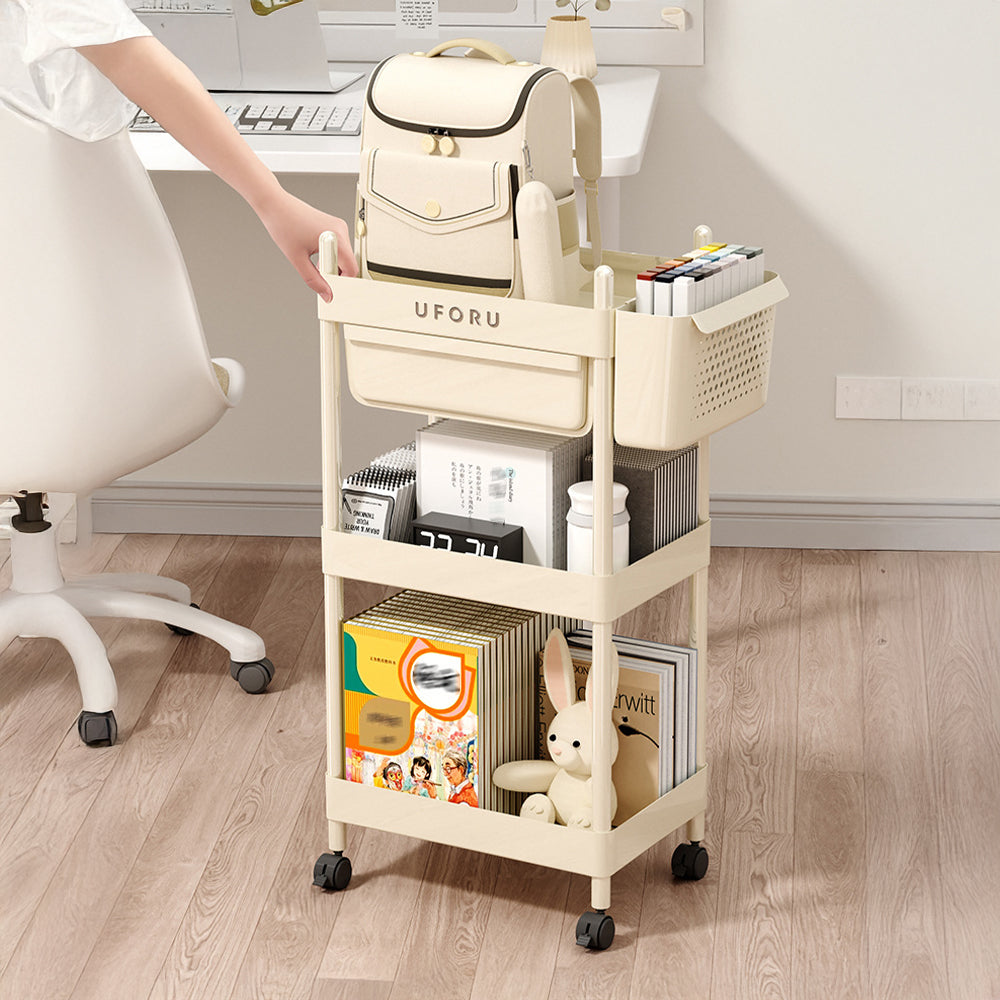 2/3/4-tier Rolling Storage Cart With Lockable Wheels Organizer Trolley With Hanging Baskets & Drawer | Medium | Cream