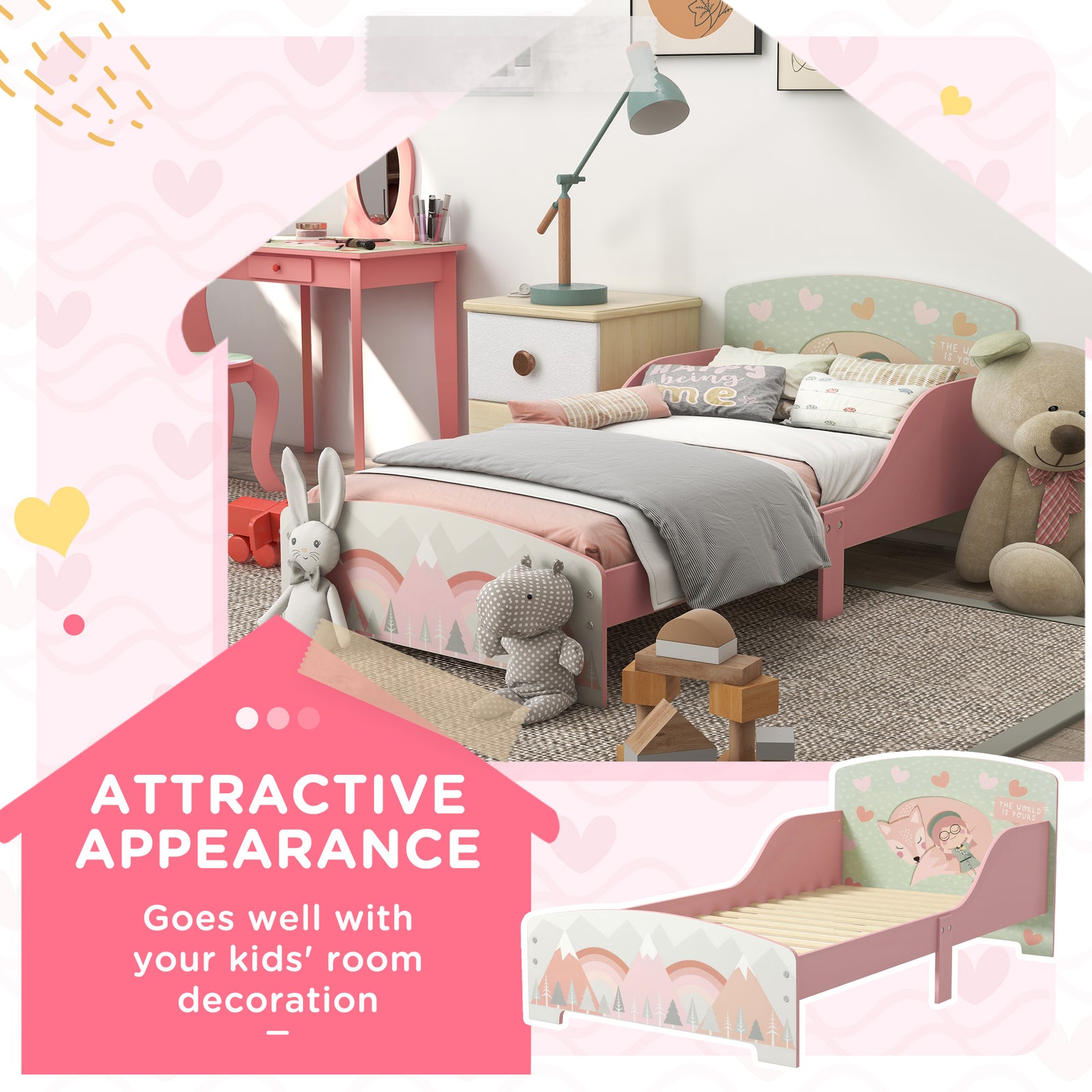 Toddler Bed Frame, Kids Bedroom Furniture For Ages 3-6 Years | Pink