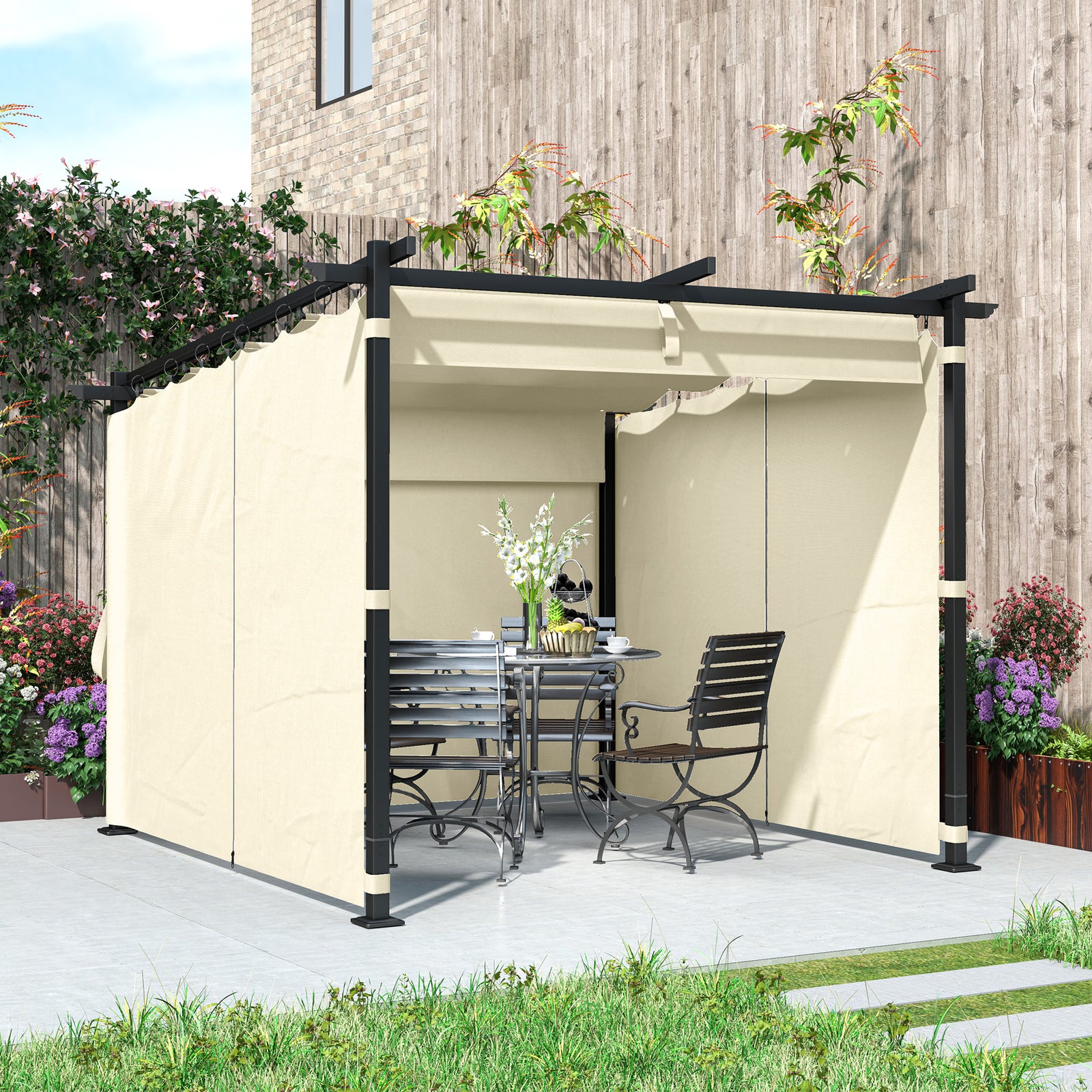 3 X 3(m) Metal Pergola W/ Retractable Roof And Sidewalls | Beige