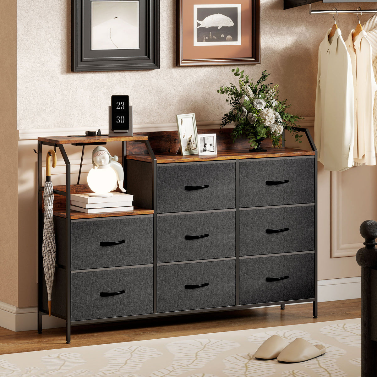 HOMCOM Fabric Chest Of Drawers W/ Charging Station For Bedroom Rustic Brown