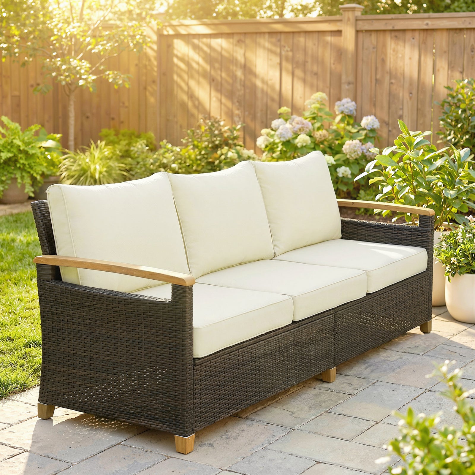 3 Seater Rattan Garden Sofa With Cushioned Wide Seats | Brown