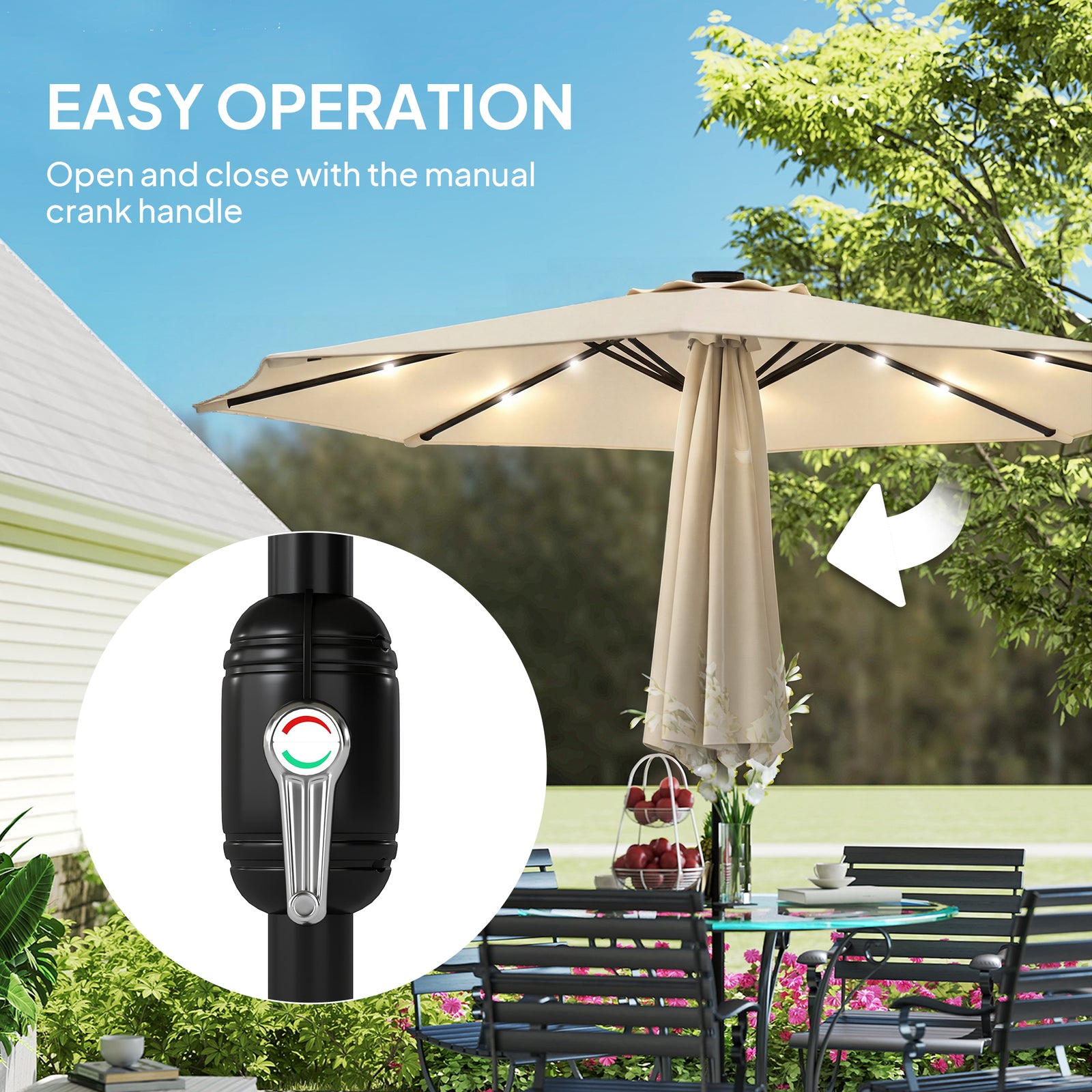 2.6 M Garden Parasol Umbrella With Light, Outdoor Patio Umbrella | Beige