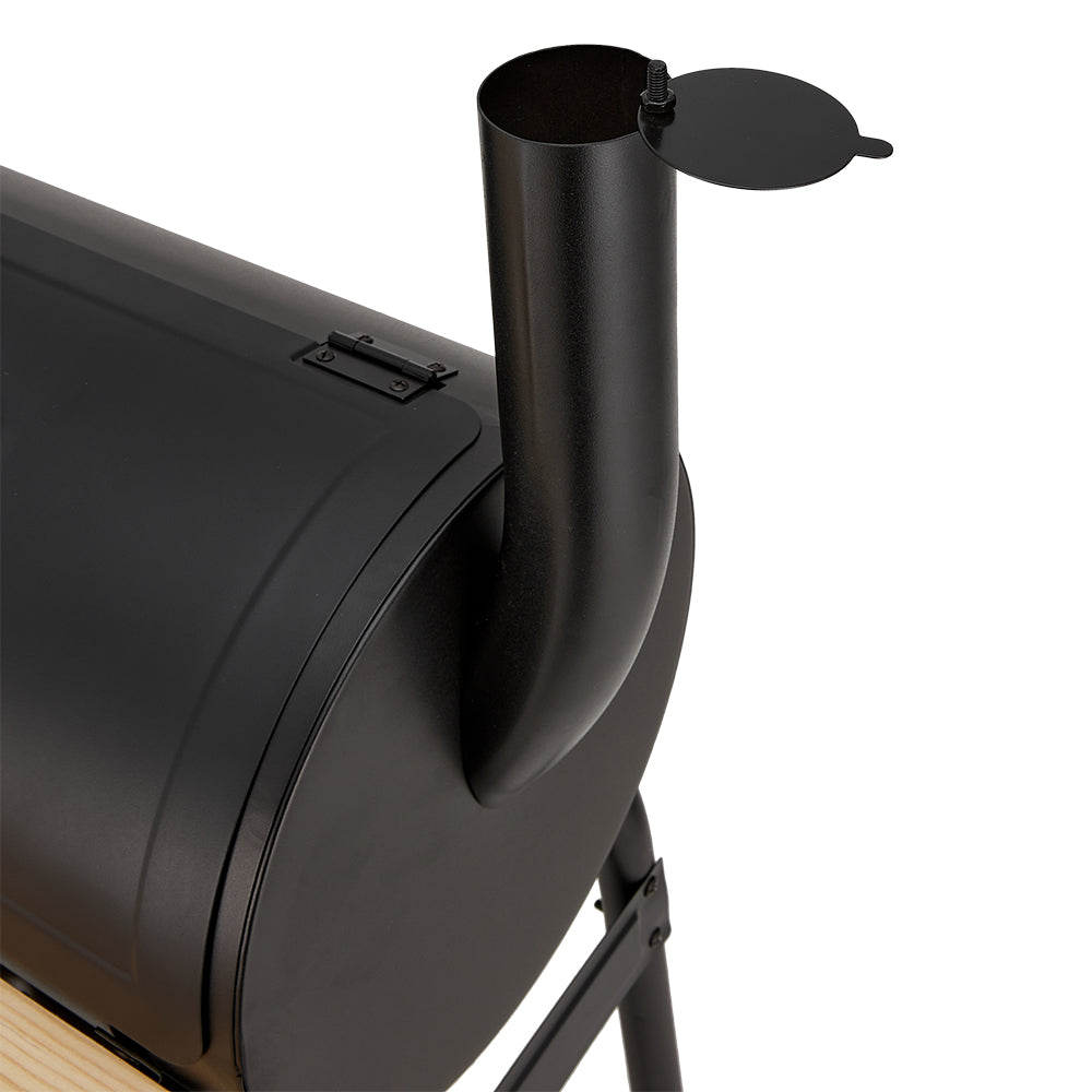 Outdoor Charcoal Bbq Smoker Grill With Side Fire Box, Built-in Thermometer, Wooden Prep Shelves, Storage Rack And Wheels