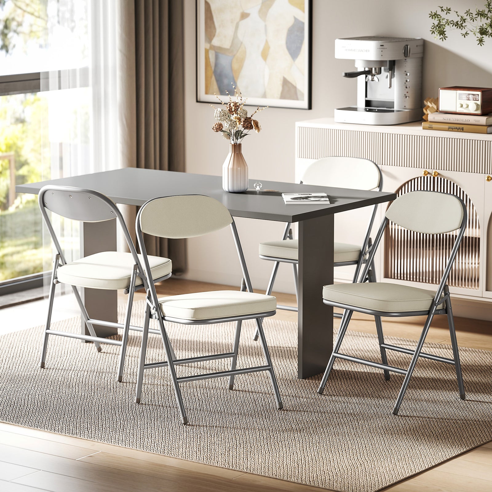 Folding Chairs Set Of 4 With Cushioned Seat, Steel Frame, Cream | Cream