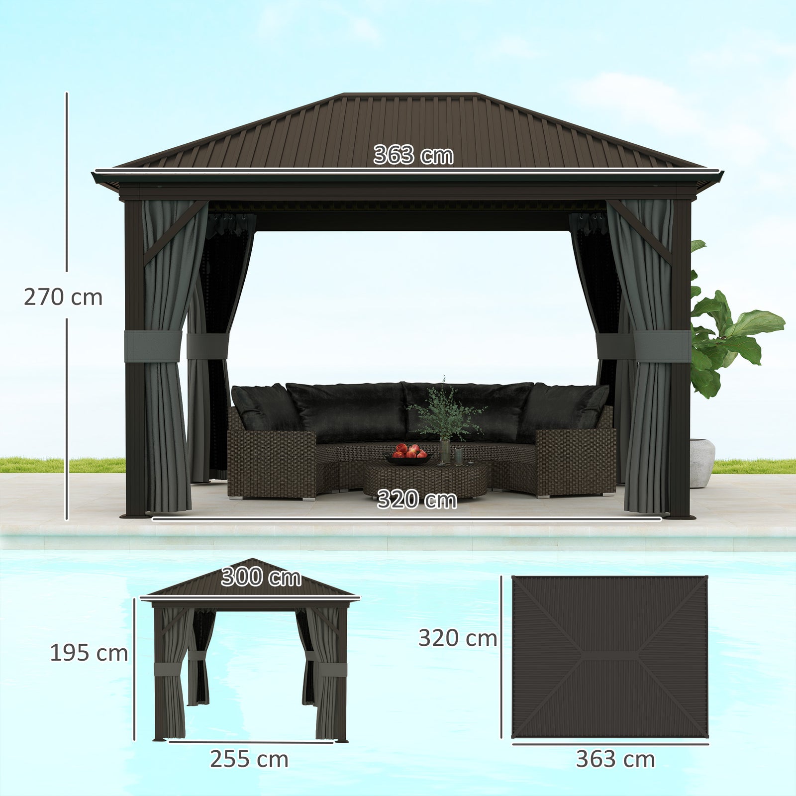 3.6 X 3(m) Metal Garden Hardtop Gazebo With Screened Curtain | Dark Grey