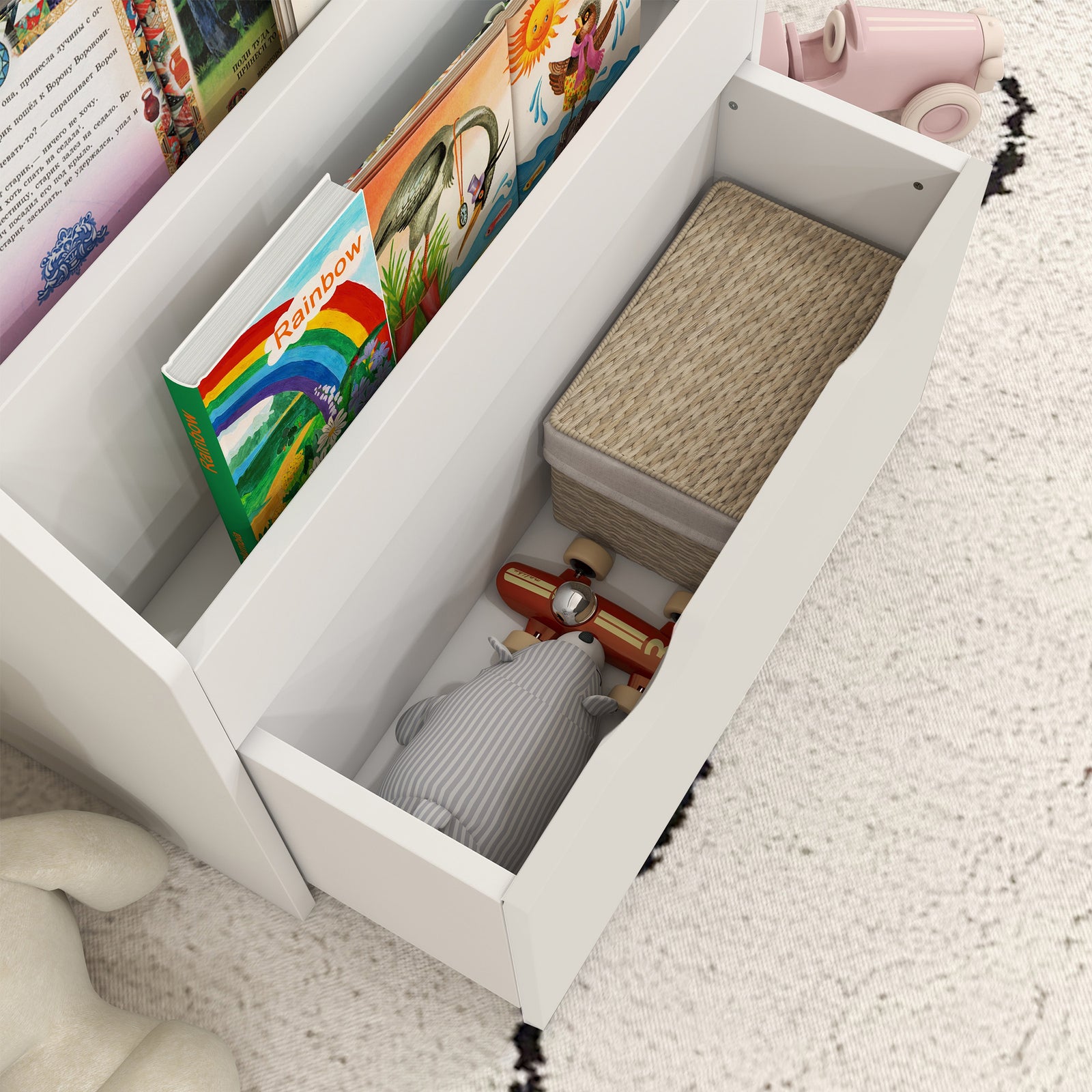 Kids Bookcase W/ 3 Tier Shelves, Drawer, For Bedroom, Nursery | White