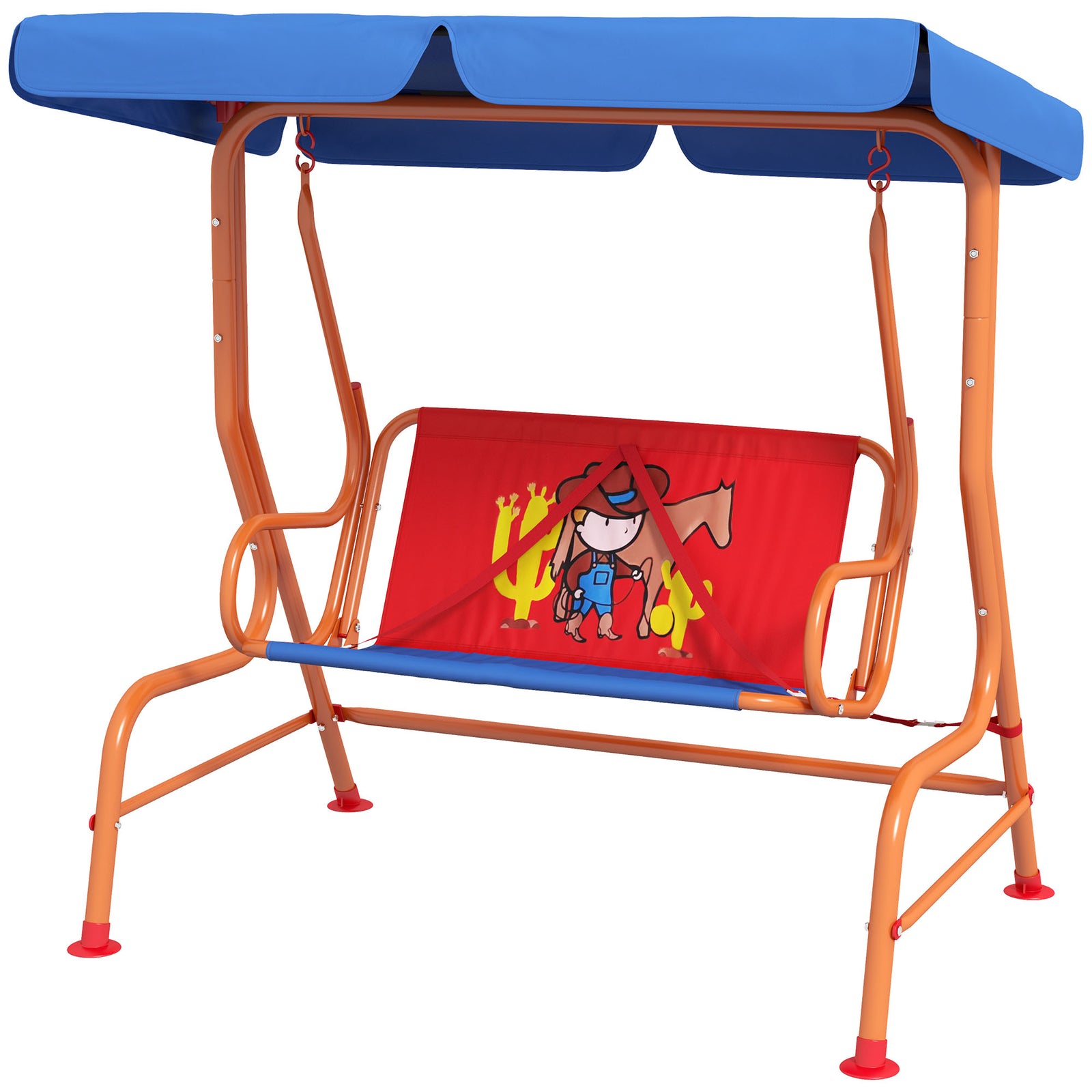 2 Seater Kids Swing Chair, Cowboy Themed With Adjustable Canopy