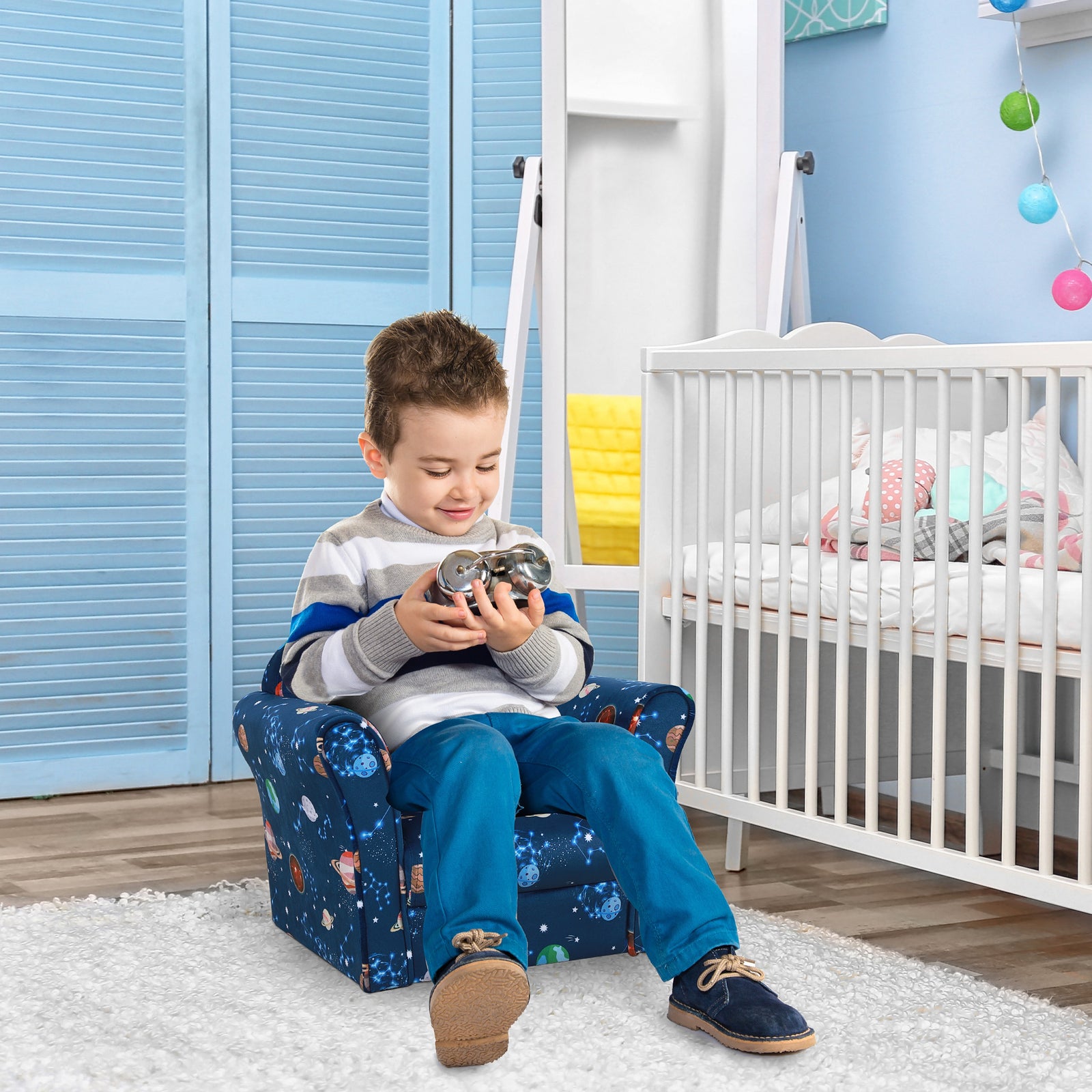 Kids Mini Armchair, Planet-themed Chair W/ Wooden Frame, Non-slip Feet