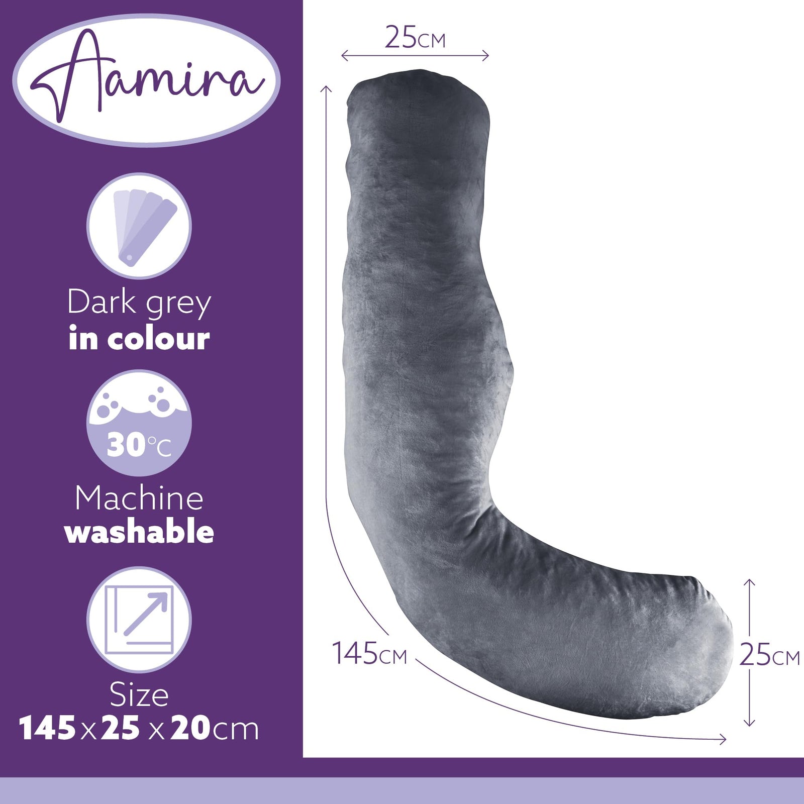 L Shaped Pregnancy Pillow, 145x25x20cm Shredded Memory Foam Full Body Maternity Cushion For Sleeping | J Shape | Dark Grey