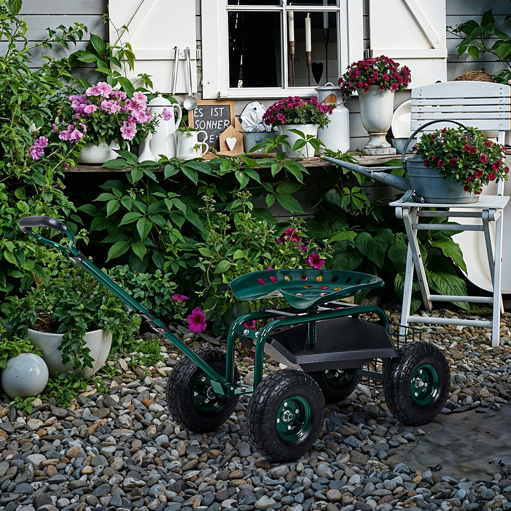 Rolling Garden Cart With Seat And Tool Tray