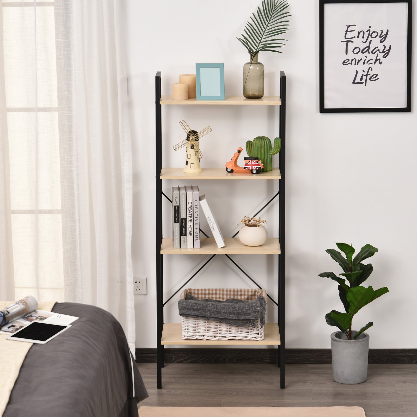 4-tier Minimalistic Ladder Shelf Unit Steel Frame Display | One Size | Beige