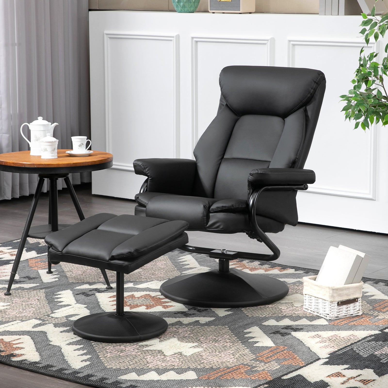 HOMCOM Pu Leather Swivel Recliner Armchair With Ottoman, Black