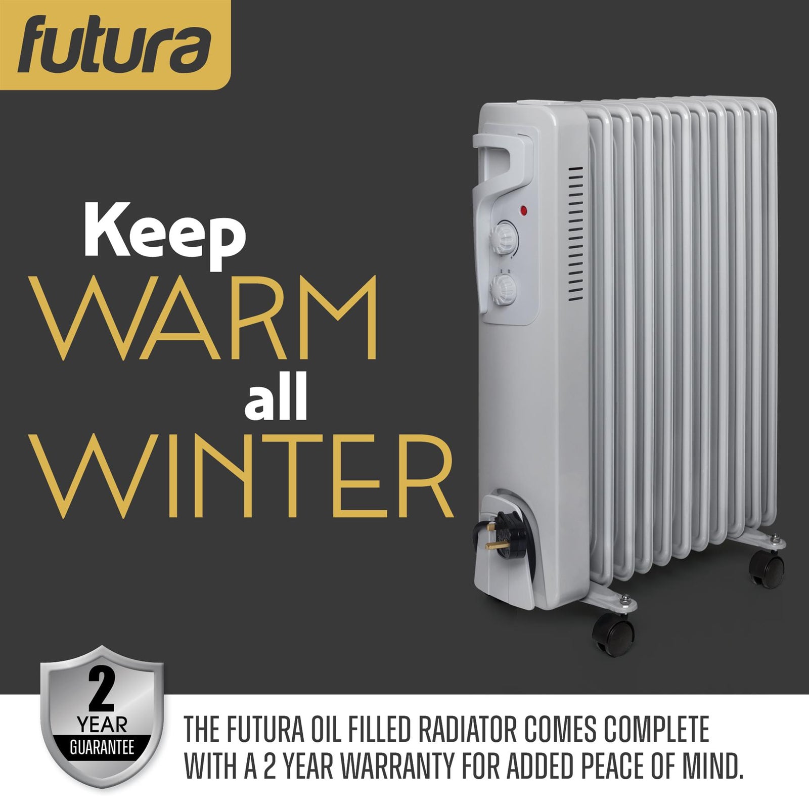 Oil Filled Radiator Portable Electric Room Oil Heater 3 Heat Settings | 2500w | Grey