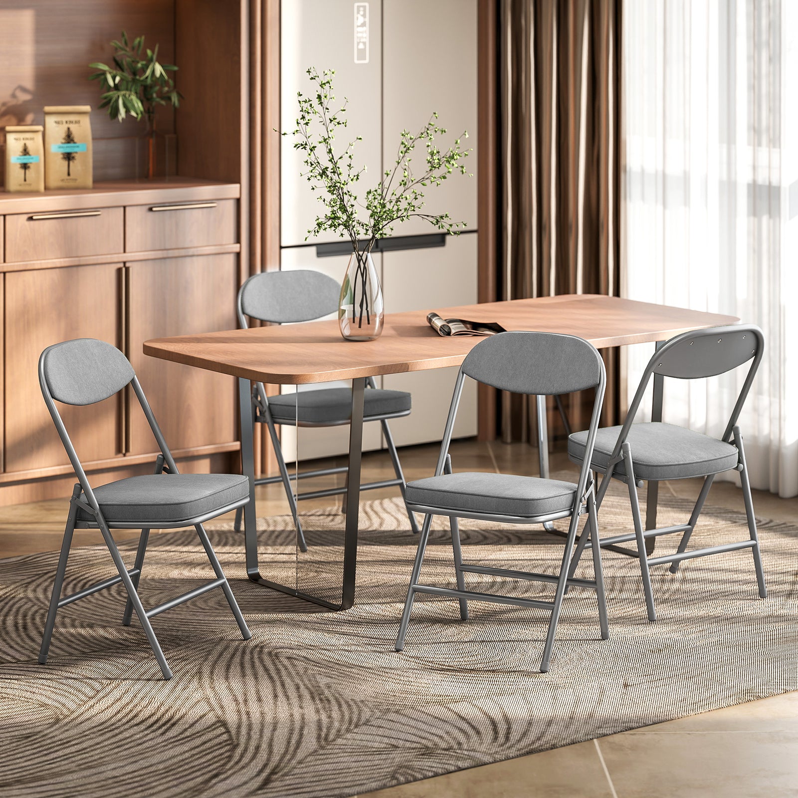 Folding Chairs Set Of 4 With Cushioned Seat, Steel Frame, Grey | Grey