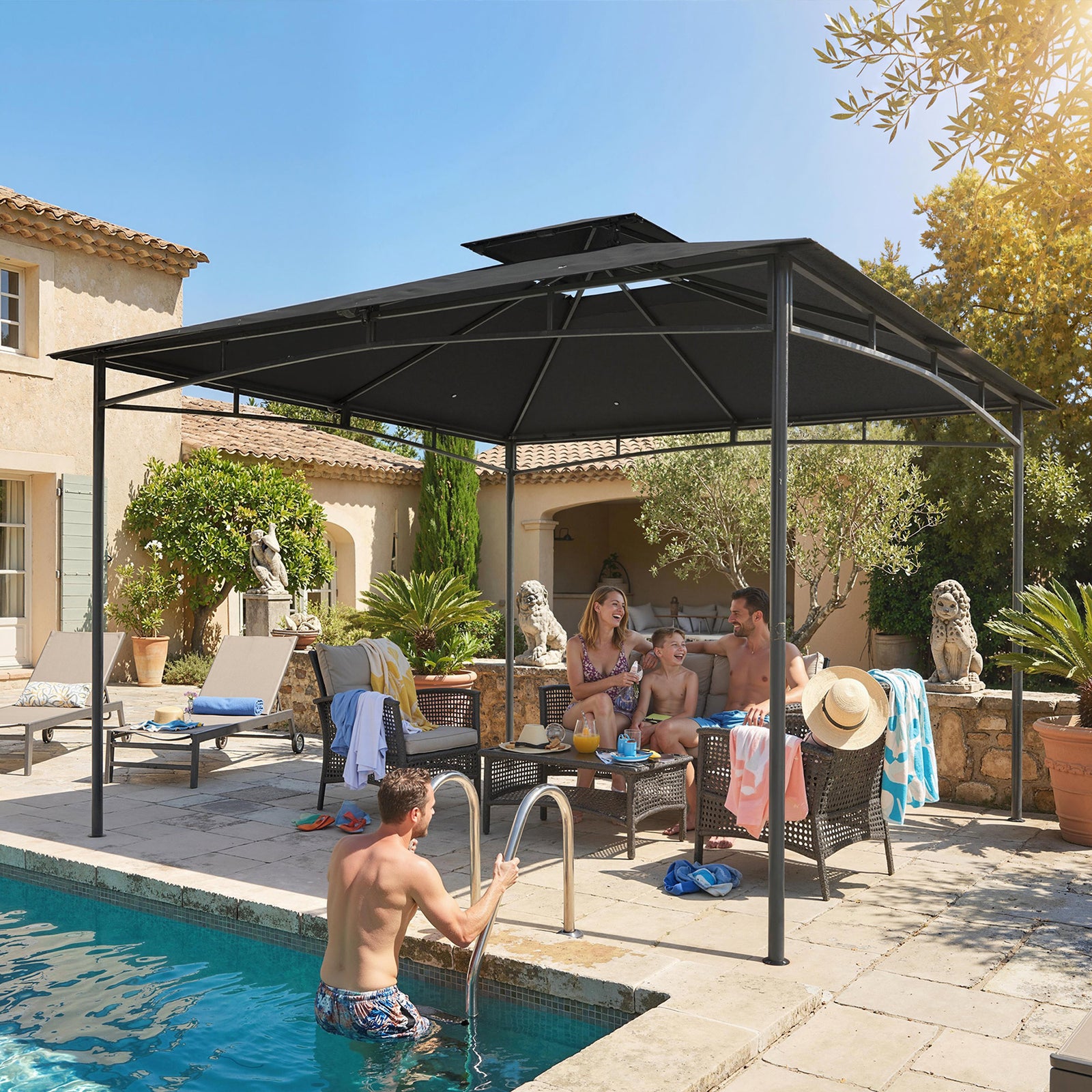  3 X 3 M Gazebo, Outdoor Gazebo Canopy With 2-tier Roof | Grey