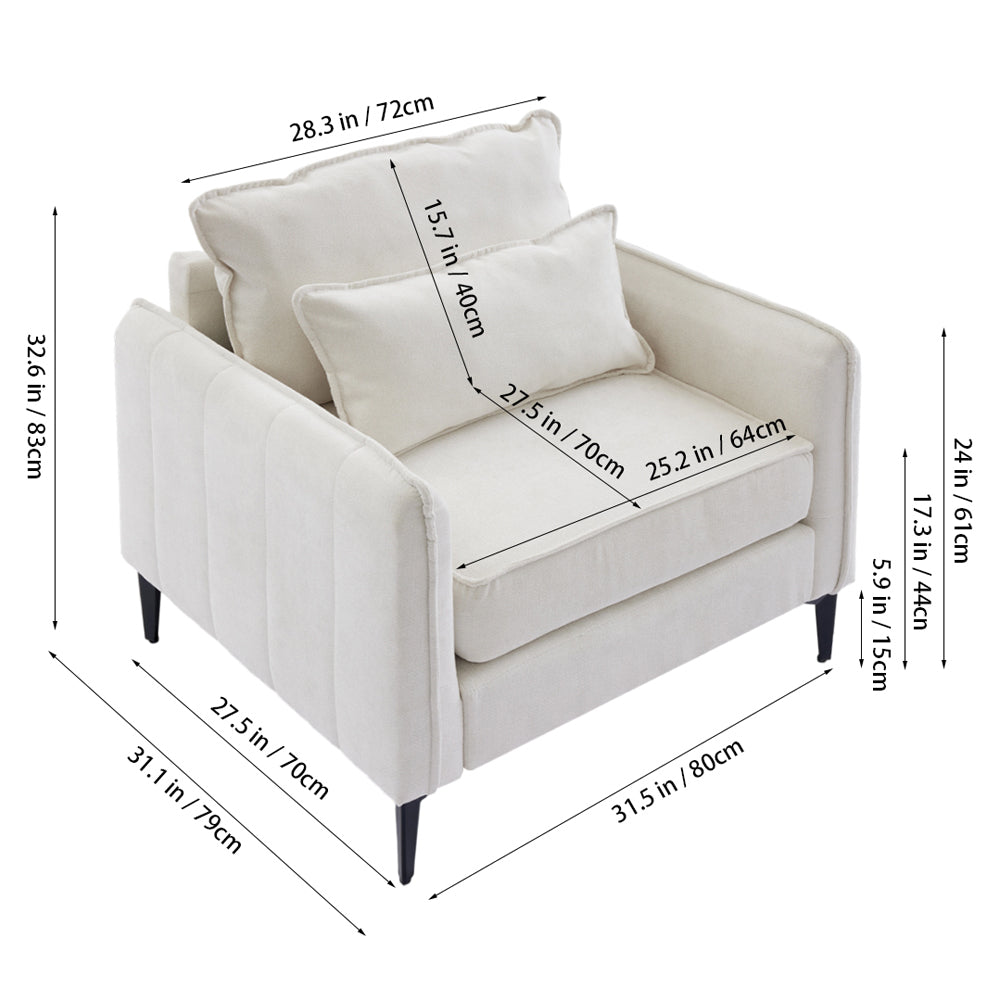 Modern Linen Upholstered Armchair – Off-white Single Sofa With Cushions & Sturdy Legs