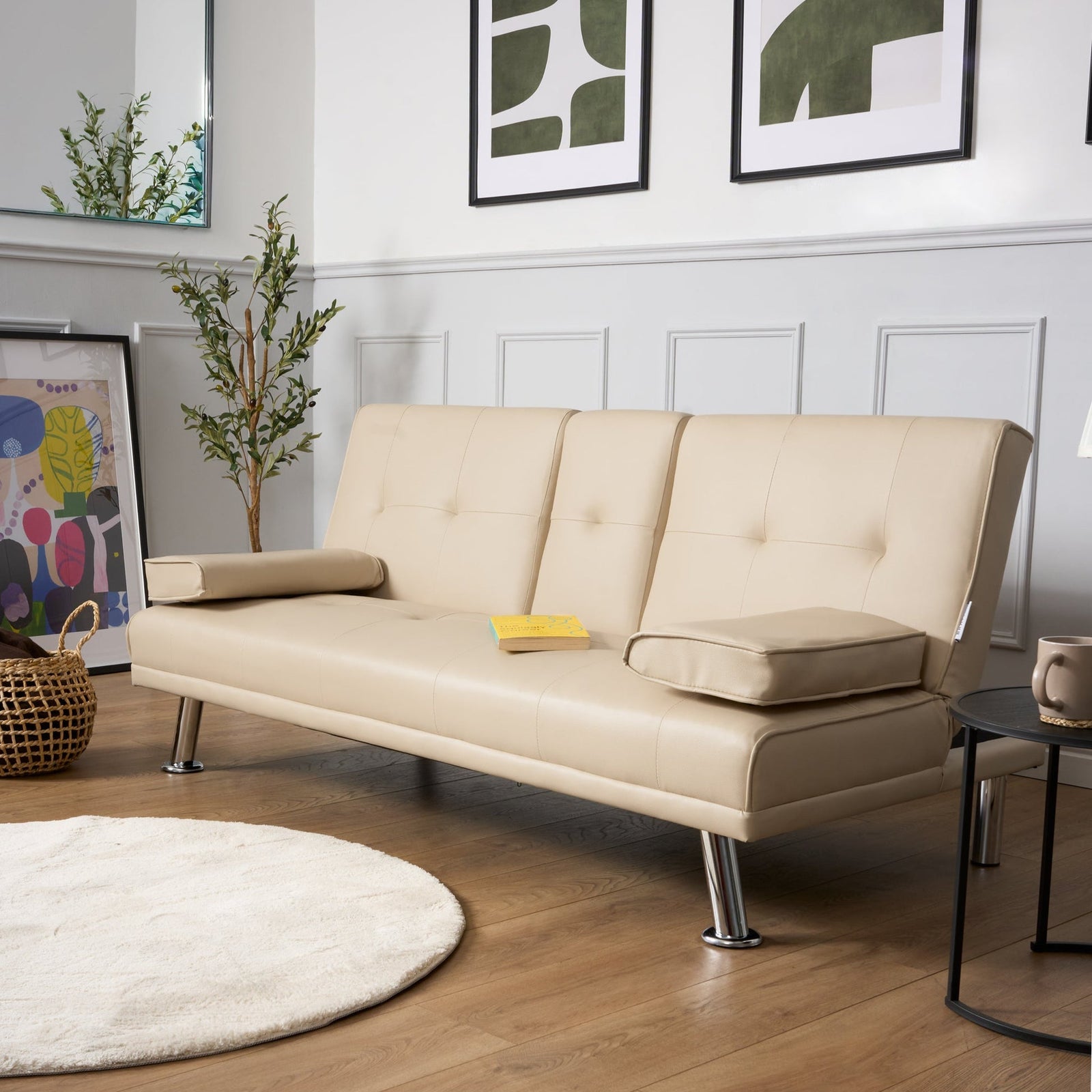 Faux Leather Click Clack Sofa Bed - 2 Seater | Beige