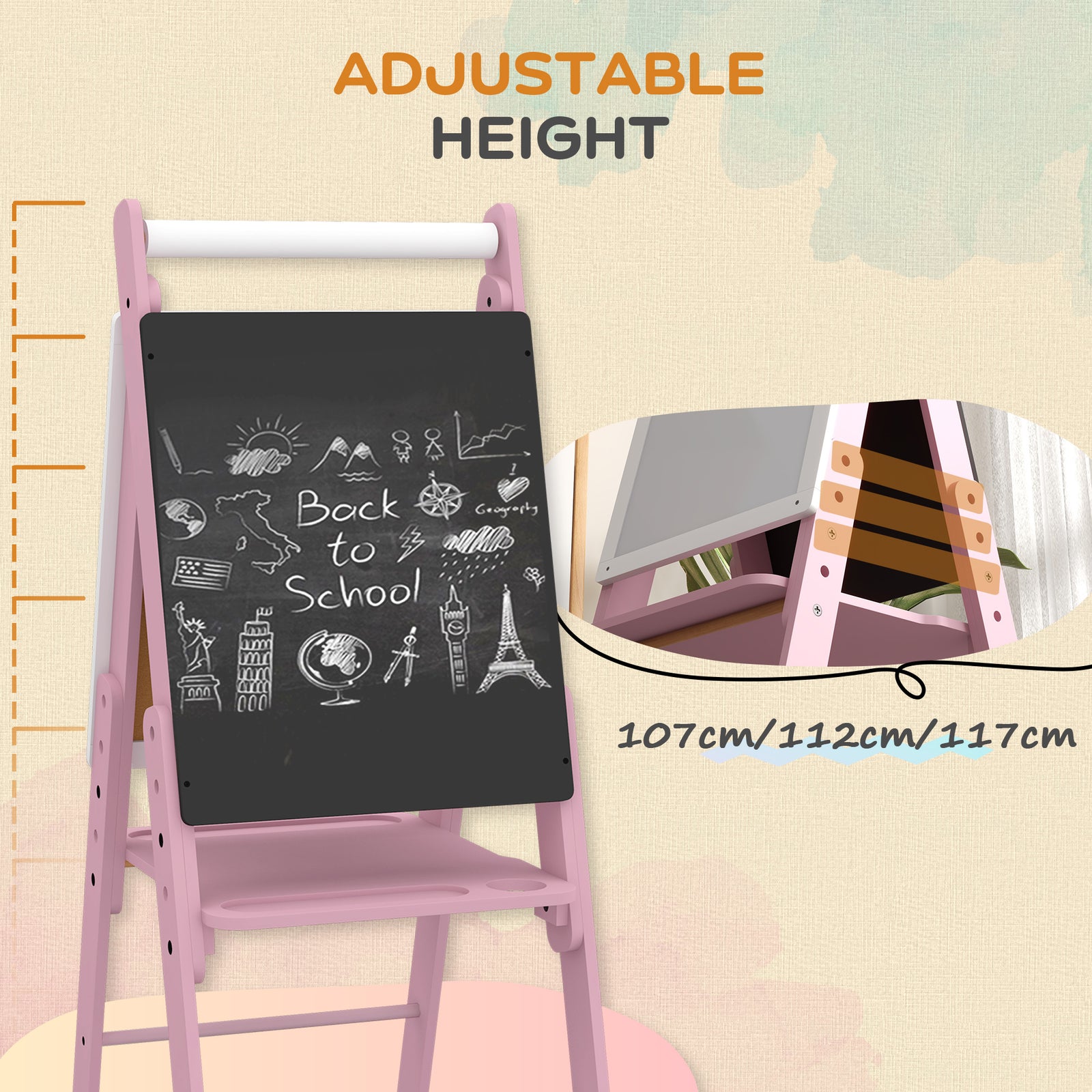 3 In 1 Easel For Kids, With Paper Roll, Adjustable Height | Pink