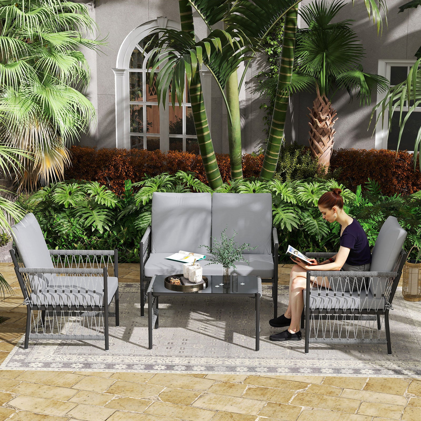 4 Piece Rattan Set, Wicker Conversation Set | Gray