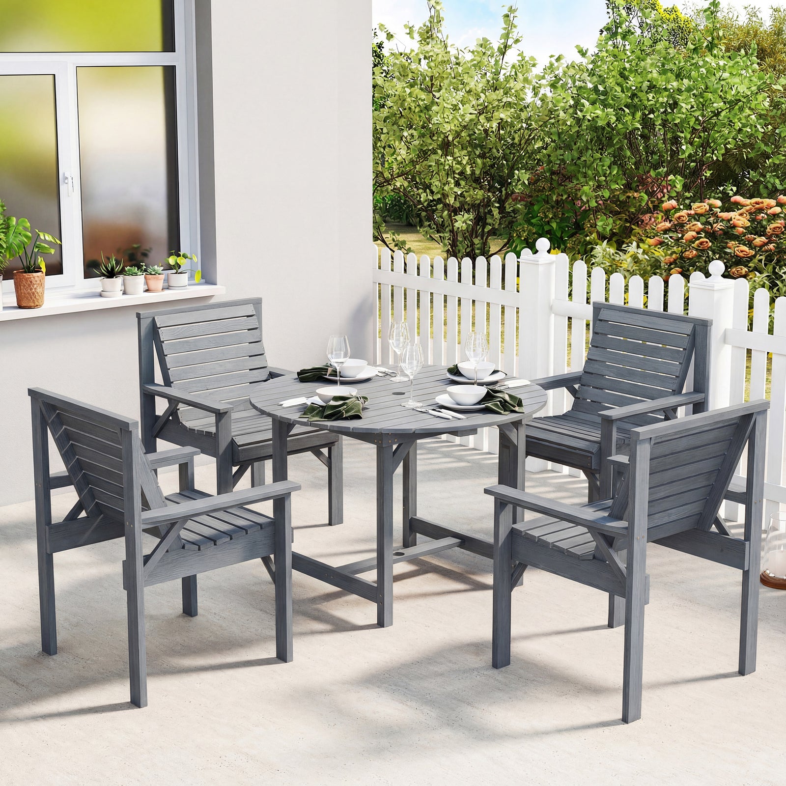 Garden Dining Set, Round Table And Chairs W/ Parasol Hole | Grey