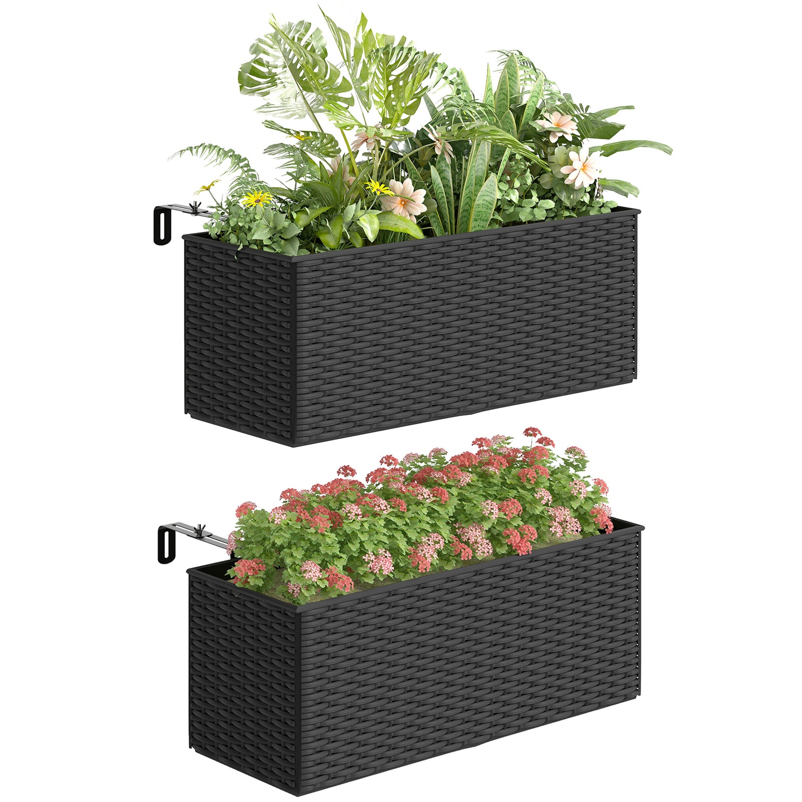 Set Of 2 Hanging Flower Boxes, 50 Cm Long, Rattan Look | Black