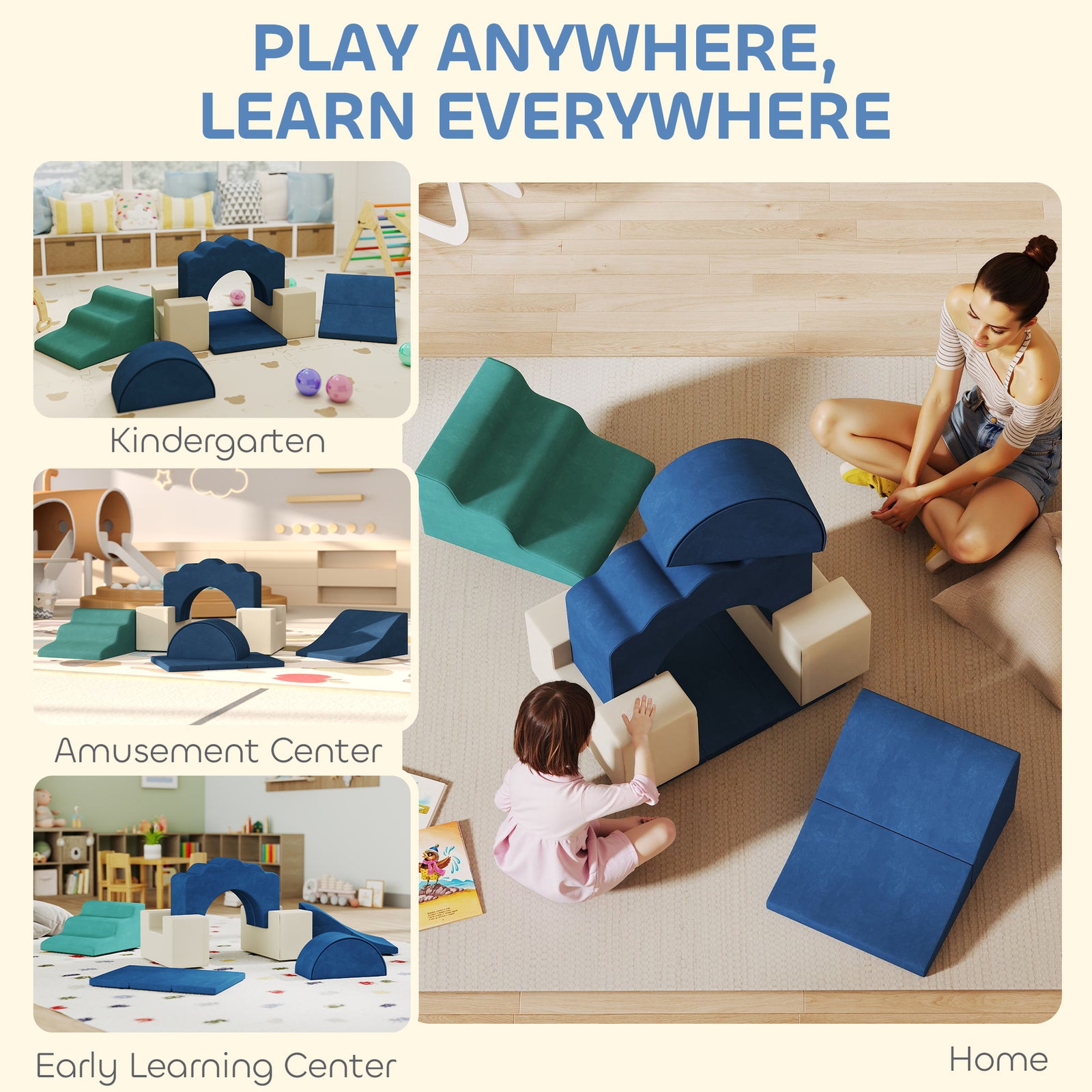 Kids Soft Play Set, 7 Piece Foam Climbing Blocks | Blue