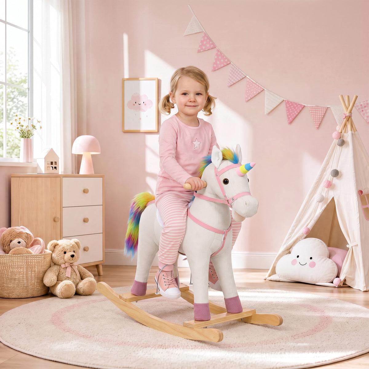 AIYAPLAY Unicorn Rocking Horse With Sound For 1-3 Years, Cream White
