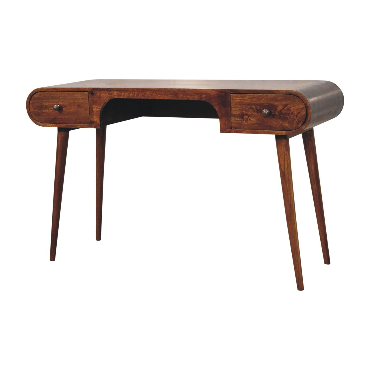 Solid Wood Chestnut London Arch Writing Desk, 2 Drawers, Dark Brown