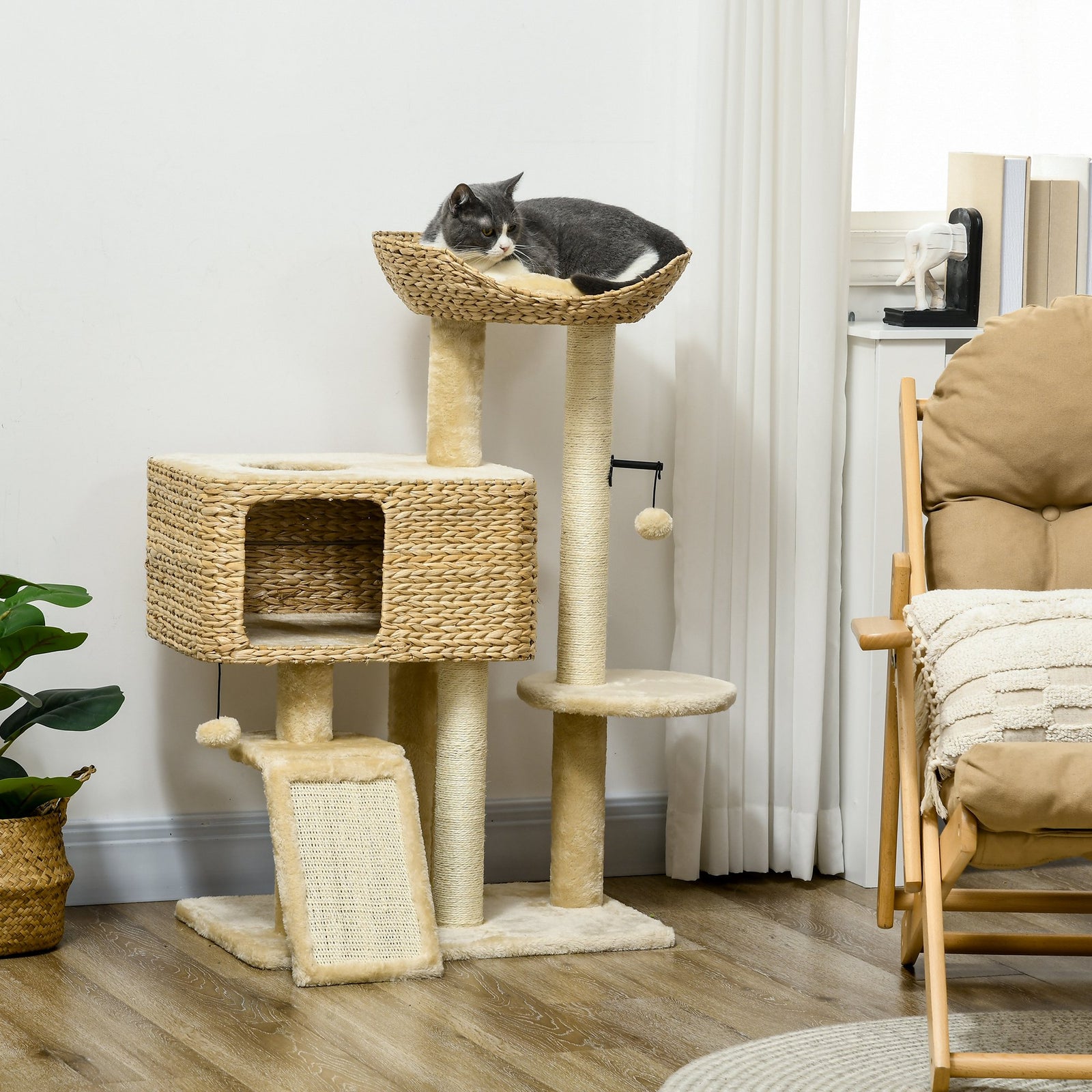95cm Cat Tree Tower W/ Scratching Post, Cat House, Ball, Platform - Beige
