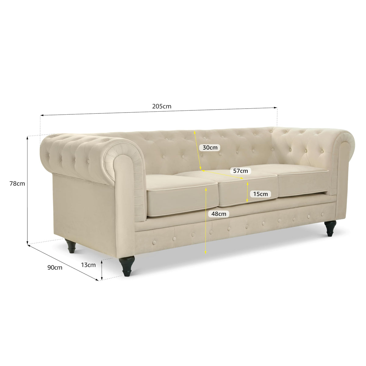Chesterfield Scroll Arm Velvet Sofa 3 Seater | Beige