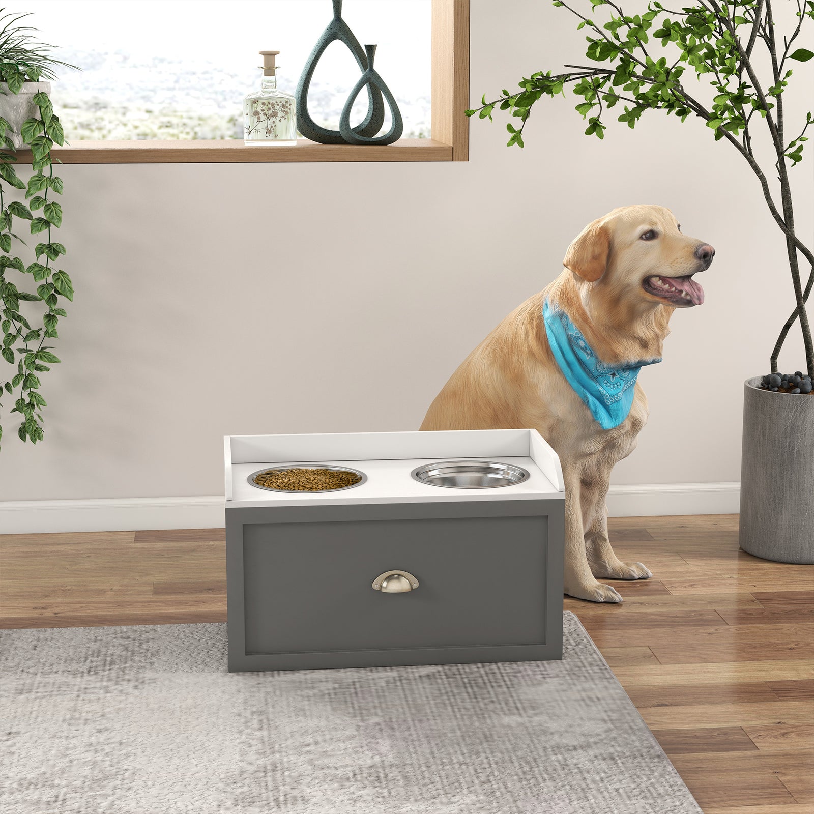 Stainless Steel Raised Dog Bowl W/ 21l Storage Drawer, For Large Dogs | Gray