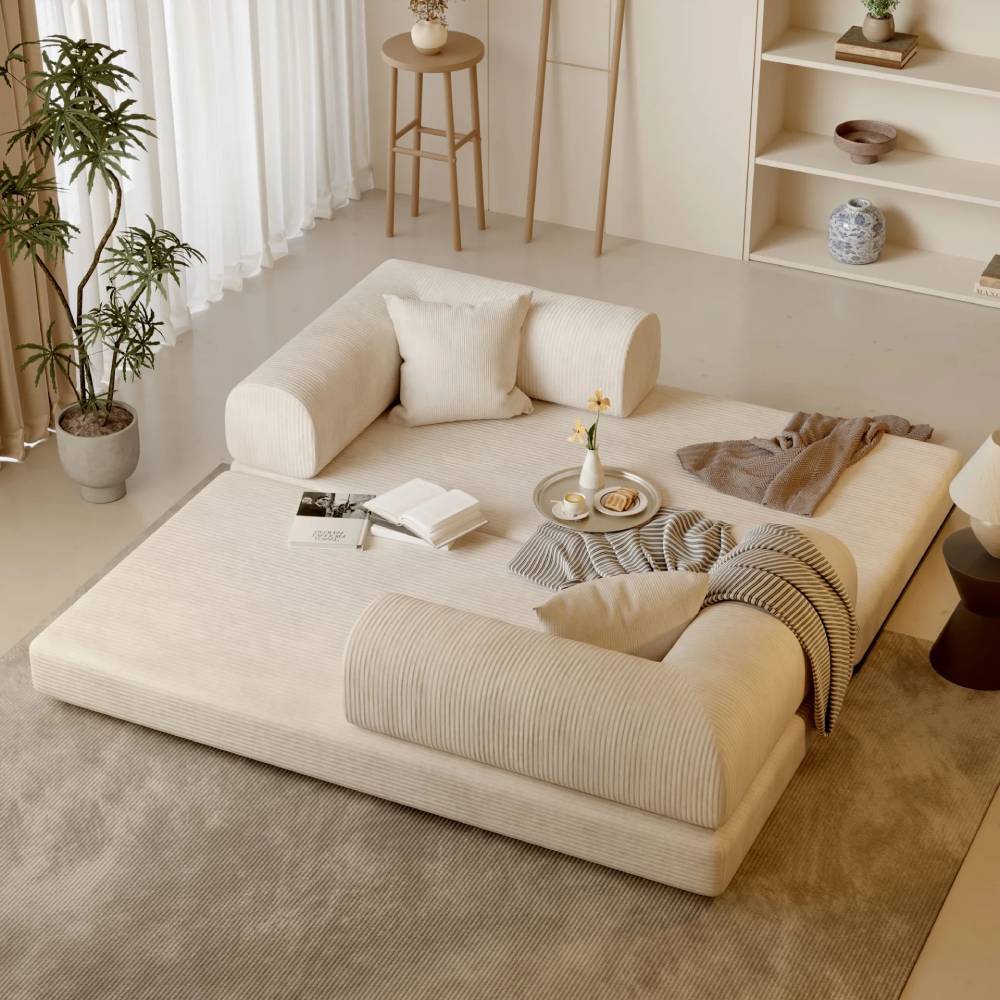 Corduroy Sofa Bed With Sliding Frame | High-resilience Foam Convertible Sleeper Sofa | Small | Beige