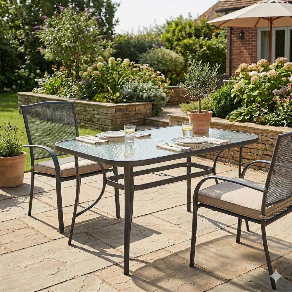 Rectangula Tempered Glass Outdoor Coffee Table With Parasol Hole - 120/150 Cm W X 80/90cm D X 72cm H | Medium | Black
