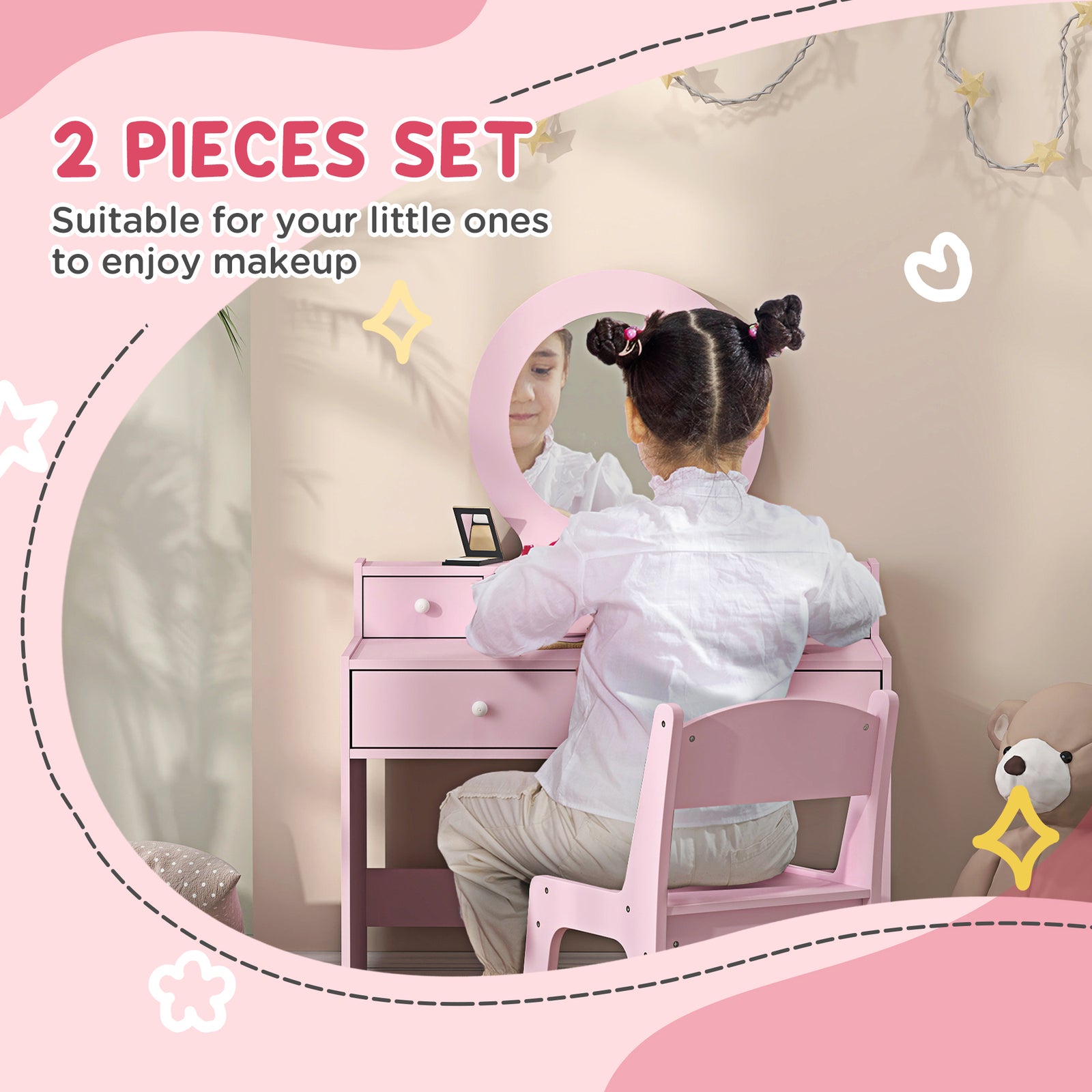 Kids Dressing Table Set W/ Stool, Mirror, Drawers | Pink