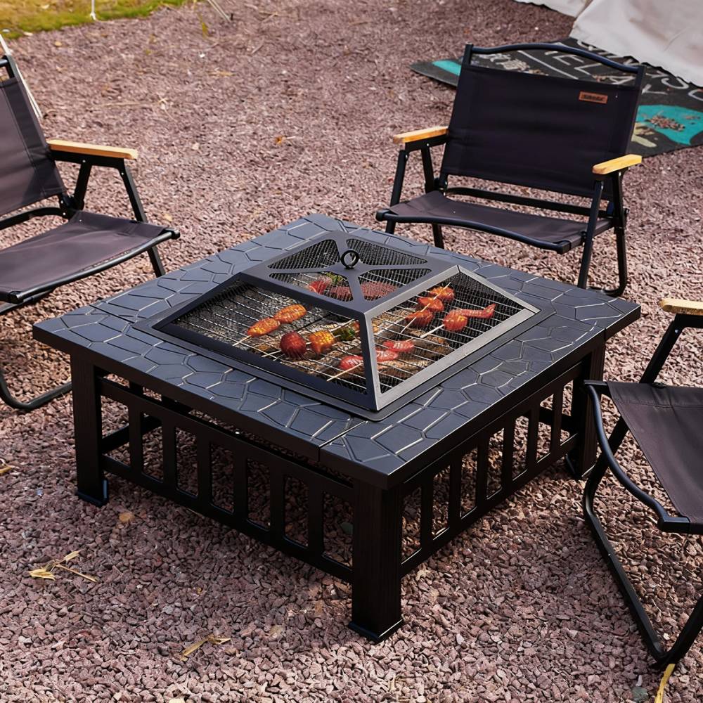 Heavy Duty Outdoor Fire Pit With Mesh Spark Screen And Grill Grate