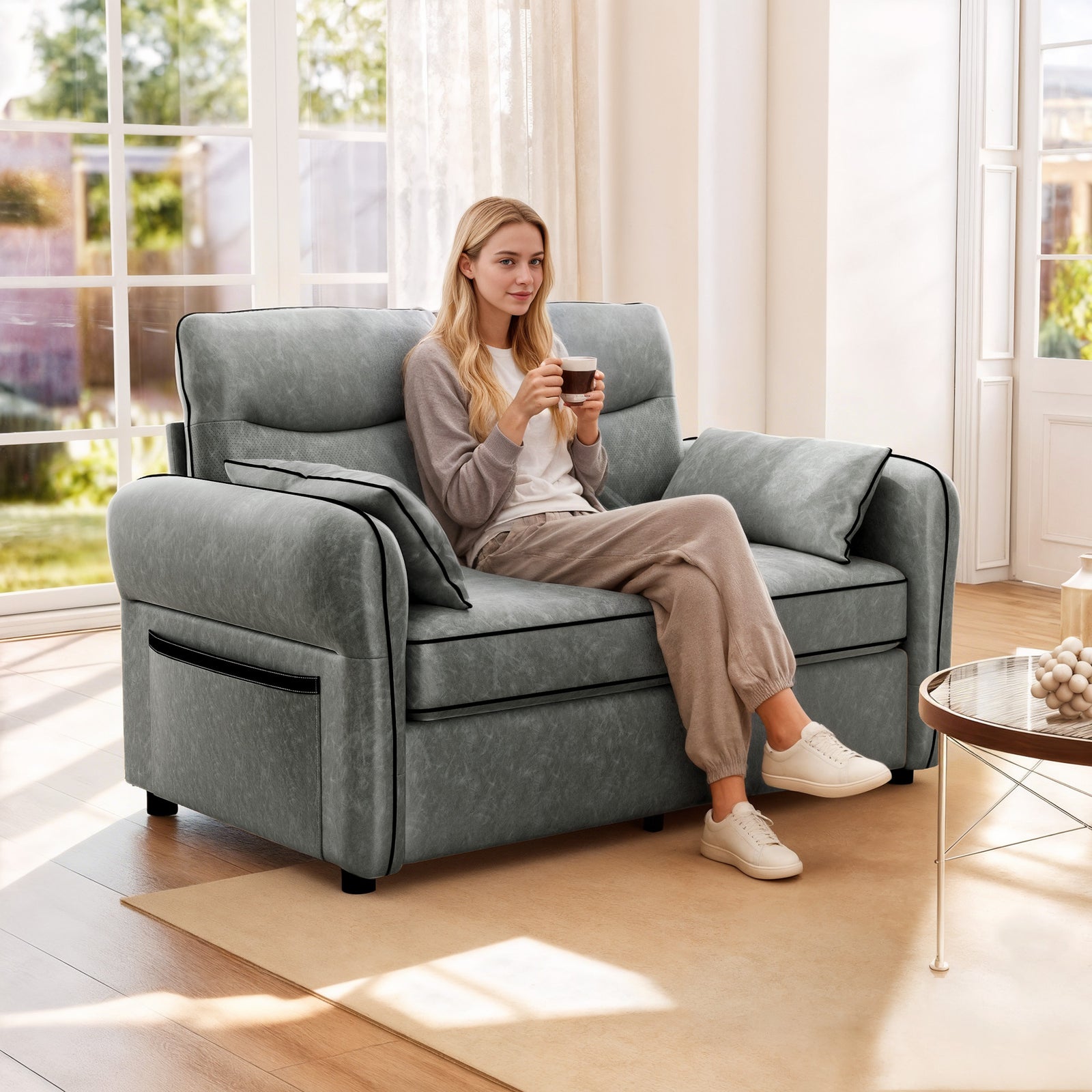 Modern Seater Sofa With Thick Cushion Side Pockets | M | Grey