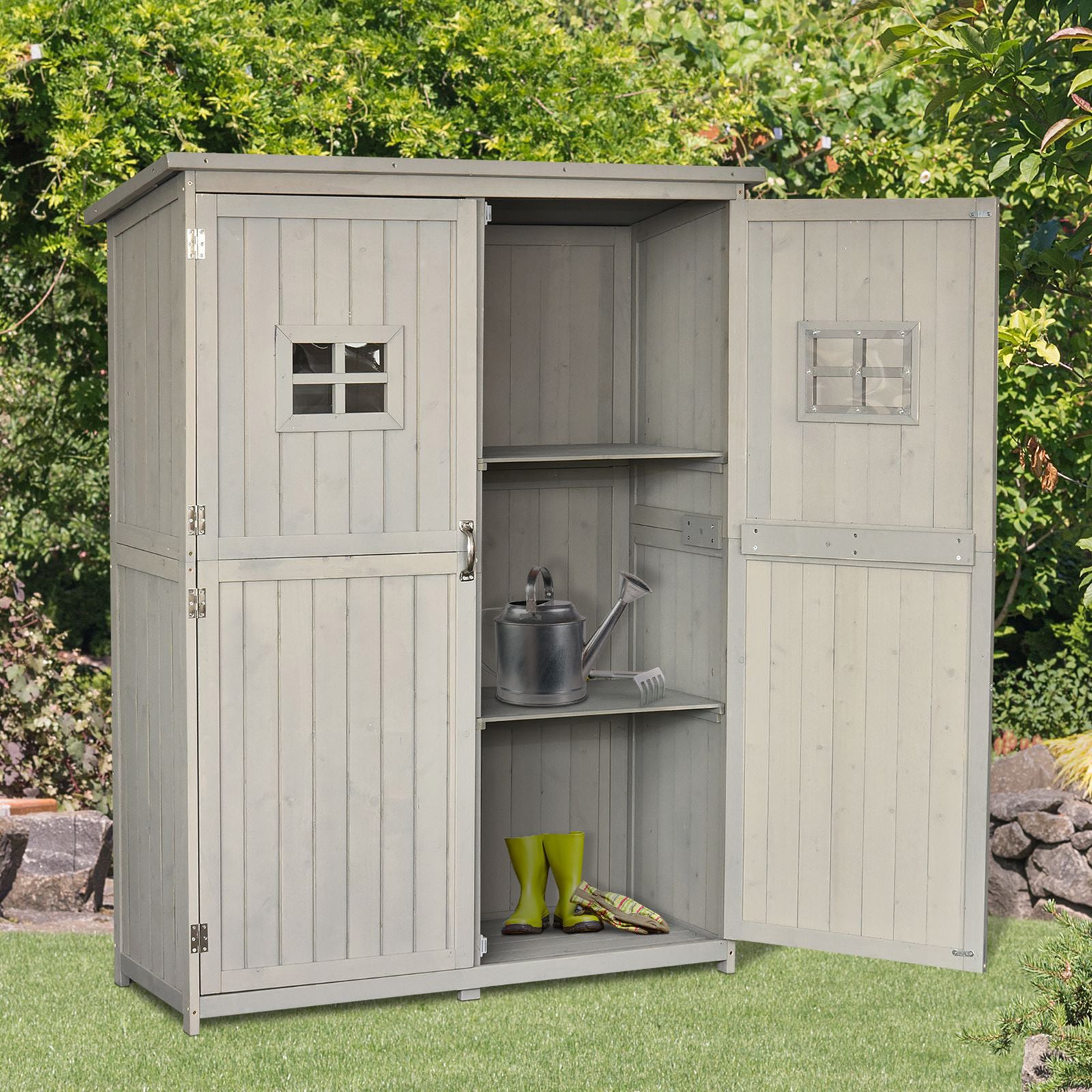 Wooden Garden Shed Tool Storage Cabinet Double Door Shelf