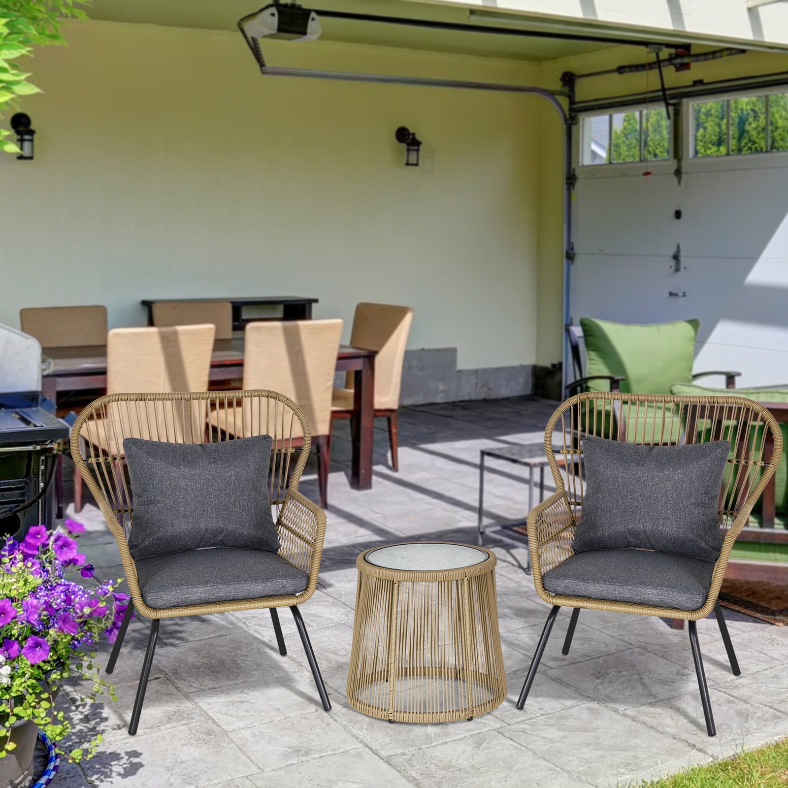 3 Pcs Webbed Pe Rattan Outdoor Patio Set W/ Cushions | Coffee