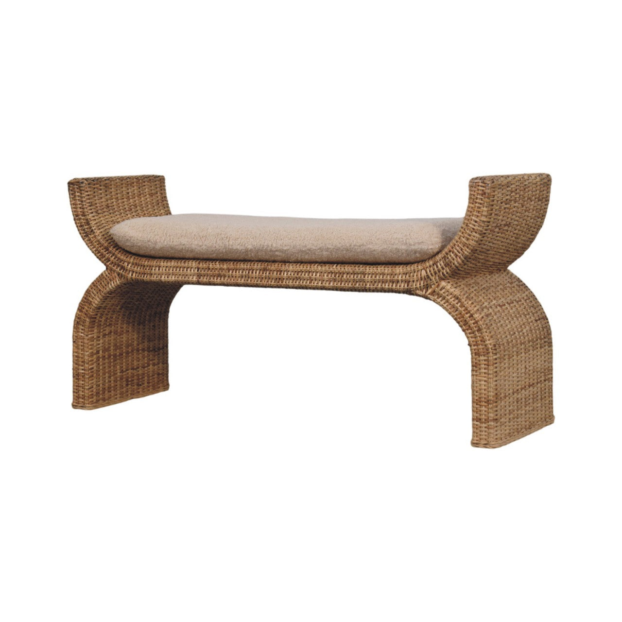 Artisan Furniture Solid Wood Rattan Weave Boucle Bench, Upholstered